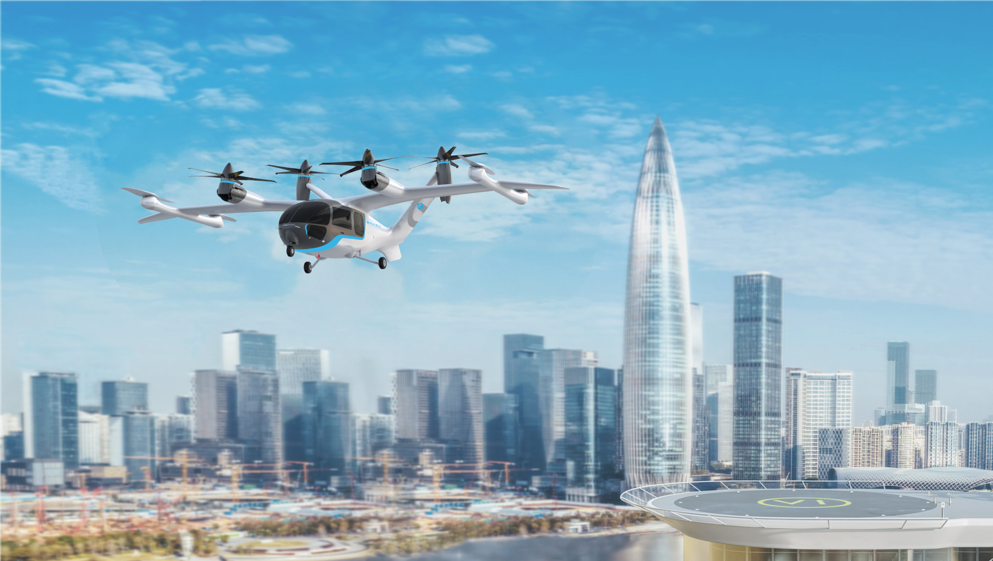eVTOL 飞行器掠过现代城市天际线